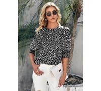 Women's Polka Dot 3/4 Sleeve Blouse Tops Ladies Casual Office Work Crew Neck T-Shirt (Black, L)