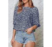 Women's Polka Dot 3/4 Sleeve Blouse Tops Ladies Casual Office Work Crew Neck T-Shirt (darkblue, L)