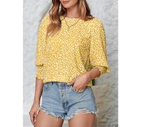 Women's Polka Dot 3/4 Sleeve Blouse Tops Ladies Casual Office Work Crew Neck T-Shirt (yellow, L)