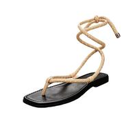 Women's Polka Dot Ankle Tie Wrap Around Sandals Flat Thong Flip Flop Summer Roman Style Lightweight Strappy Beach Casual Shoes Beige