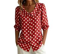 Womens Polka Dot Blouse Peter Pan Collar Button Down Shirt Casual 3/4 Puff Sleeve Summer Tops Vintage Inspired Spotty Tunic for Work Office Red XL