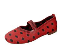 Womens Polka Dot Knit Flats Casual Slip On Mary Jane Walking Shoes Red