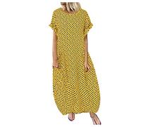 Womens Polka Dot Maxi Dress - Plus Size Casual Loose Baggy Short Sleeve Summer Dresses with Pockets - Boho Relaxed Fit Cotton Holiday Beach Sundress Ladies Dot Print Flowy Swing Sun Wear Yellow