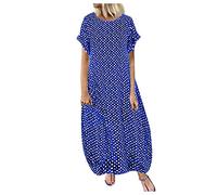 Womens Polka Dot Maxi Dress - Plus Size Casual Loose Baggy Short Sleeve Summer Dresses with Pockets - Boho Relaxed Fit Cotton Holiday Beach Sundress Ladies Dot Print Flowy Swing Sun Wear Sky Blue