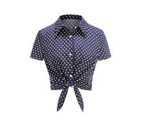 Women's Polka Dot Shirt Vintage Stand-Up Collar Short Sleeve Polka Dots Top Basic Button Down Tie Up Front Blouse Summer Comfortable Breathable Slim Fit 50s Retro Rockabilly Pinup Shirt Blue