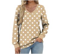 Women's Polka Dot Top V-Neck Vintage Polka Dots Long Sleeve Shirt Long Blouse Large Sizes T-Shirt Elegant Long Shirt Long Shirt, khaki, M