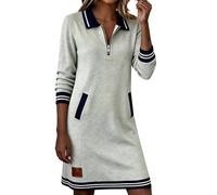 Women's Polo Lapel Half Zip Sweatshirt Dress - Color Block Long Sleeve Loose A Line Midi Design with Practical Pockets(Grey, M)