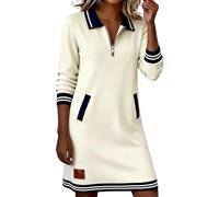 Women's Polo Lapel Half Zip Sweatshirt Dress - Color Block Long Sleeve Loose A Line Midi Design with Practical Pockets(White, L)