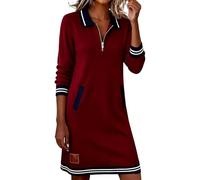 Women's Polo Lapel Half Zip Sweatshirt Dress - Color Block Long Sleeve Loose A Line Midi Design with Practical Pockets(Red, M)