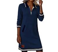 Women's Polo Lapel Half Zip Sweatshirt Dress - Color Block Long Sleeve Loose A Line Midi Design with Practical Pockets(Dark Blue, M)