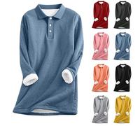 Women's Polo Neck Jumper Thick Fleece Lined Thermal Sweatshirt Warm Long Sleeve Pullover Tunic Tops with Button Detail Cozy Casual Solid Color Jumpers for Autumn Winter Blue