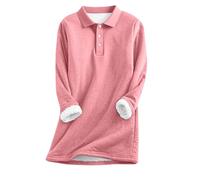 Women's Polo Neck Jumper Thick Fleece Lined Thermal Sweatshirt Warm Long Sleeve Pullover Tunic Tops with Button Detail Cozy Casual Solid Color Jumpers for Autumn Winter Pink