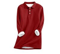 Women's Polo Neck Jumper Thick Fleece Lined Thermal Sweatshirt Warm Long Sleeve Pullover Tunic Tops with Button Detail Cozy Casual Solid Color Jumpers for Autumn Winter Red