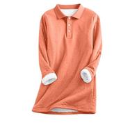 Women's Polo Neck Jumper Thick Fleece Lined Thermal Sweatshirt Warm Long Sleeve Pullover Tunic Tops with Button Detail Cozy Casual Solid Color Jumpers for Autumn Winter Orange