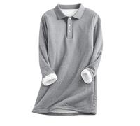 Women's Polo Neck Jumper Thick Fleece Lined Thermal Sweatshirt Warm Long Sleeve Pullover Tunic Tops with Button Detail Cozy Casual Solid Color Jumpers for Autumn Winter Gray