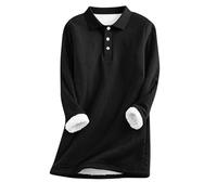 Women's Polo Neck Jumper Thick Fleece Lined Thermal Sweatshirt Warm Long Sleeve Pullover Tunic Tops with Button Detail Cozy Casual Solid Color Jumpers for Autumn Winter Black