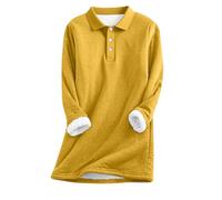 Women's Polo Neck Jumper Thick Fleece Lined Thermal Sweatshirt Warm Long Sleeve Pullover Tunic Tops with Button Detail Cozy Casual Solid Color Jumpers for Autumn Winter Yellow