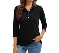 Women's Polo Shirt Three Quarter Sleeve T Shirt Womans Spring Floaty Comfy Activ Cozy Cotton Buttons Solid Lapel Polo Womans Black S