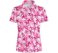 Womens Polo Shirts Lightweight Short Sleeve Collared Neck Ladies Golf Tops with Button Down Breathable Breast Cancer Awareness Tee Tops Outdoor Hiking Walking,Pink,L