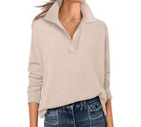 Womens Polo V Neck Sweaters Long Sleeve Dressy Casual Basic Pullover Tops Lapel Collared Lightweight Knit Shirts, Beige, M