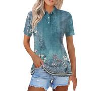 Women's Polos Geometric Novelty T-Shirts Work Summer Short Sleeve Ladies Golf Polo Shirts Lapel Collared Lady-Fit Business Button Tops for Women UK