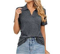 Women's Polos Summer Casual Short Sleeve Polo Shirts with Pocket Ladies Elegant V Neck Plain Blouses 2024 Comfy Soft Relax Fit Collar Tops for Going Out Office
