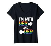 Womens Polyamorous Polyamory Poly Pride LGBT I'm With Her And Her V-Neck T-Shirt