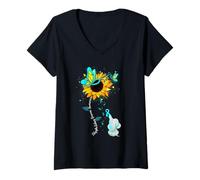 Women's Polycystic Kidney Disease Awareness Sunflower Elephant V-Neck T-Shirt