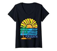 Women's Polzeath Cornwall Boho Retro Stamp Sun and Surf V-Neck T-Shirt