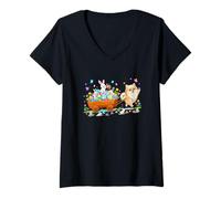 Women's Pomeranian Carring Bunnies Easter Chocolate Eggs Colorful V-Neck T-Shirt