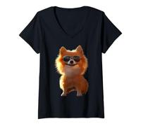 Women's Pomeranian Dog with Sunglasses Pom Cute German Dwarf Spitz V-Neck T-Shirt