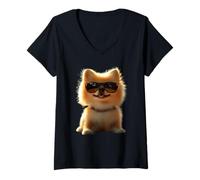 Womens Pomeranian Dog with Sunglasses Pom Cute German Dwarf Spitz V-Neck T-Shirt