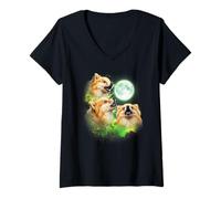 Womens Pomeranian Howling at The Moon Green tie dye 3 Pomeranians V-Neck T-Shirt