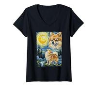 Women's Pomeranian Howling At The Moon Impressionist Starry Night V-Neck T-Shirt