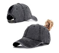 Womens Ponytail Hats Baseball Caps for Women Distressed Washed Trucker hat High Bun Hats with Large Ponytail Hole Black