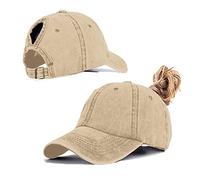 Womens Ponytail Hats Baseball Caps for Women Distressed Washed Trucker hat High Bun Hats with Large Ponytail Hole Khaki