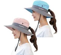 Women's Ponytail Sun Hat UV Protection Outdoor Foldable Mesh Wide-Brim Beach Summer Fishing Hat, 2pack-pink&blue, 6 3/4/ 6 7/8