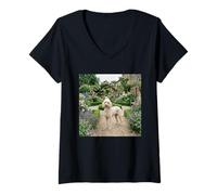Women's Poodle Garden Path Floral Cottage Bloom Scene V-Neck T-Shirt