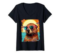 Women's Pop Art Colorful Hawaiian Beaver V-Neck T-Shirt