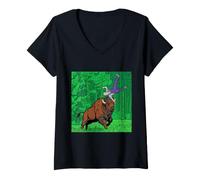 Women's Pop Art Comic Style Bison Tossing Man Halftone V-Neck T-Shirt