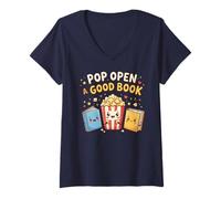 Women's Pop Open A Good Book for School Librarian Popcorn V-Neck T-Shirt