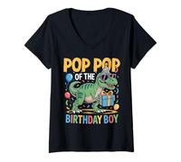 Women's Pop Pop of The Birthday Party Outfit Dinosaur Squad Pop Pop V-Neck T-Shirt