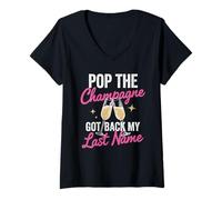 Women's Pop The Champagne Got Back My Last Name Divorce Celebration V-Neck T-Shirt