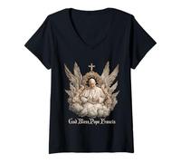 Womens Pope Francis Angels Catholic Church God Bless Pope Francis V-Neck T-Shirt