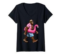 Women's Popular Bigfoot Costume Flamingo Float Aloha Pool Party V-Neck T-Shirt