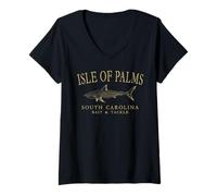 Womens Port Royal South Carolina Shark Fishing Arched Tan Letters V-Neck T-Shirt