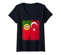 Womens Portugal Turkey Half Flag Turkiye Portuguese Turkish Jersey V-Neck T-Shirt