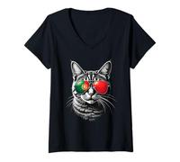 Womens Portuguese Flag Cat Face Sunglasses Portugal Flag V-Neck T-Shirt