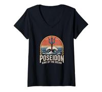 Women's Poseidon King of The Ocean Trident Waves Retro Artwork V-Neck T-Shirt