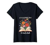 Womens Positive Vibe It is A Good Time to Read Book Lover Floral V-Neck T-Shirt